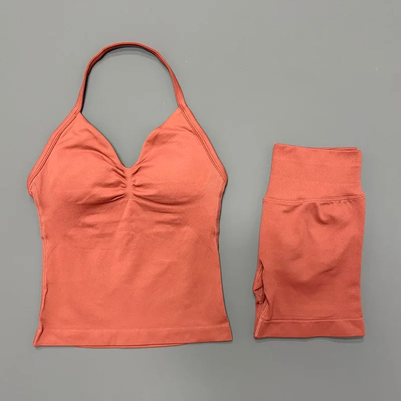 HISTELLO 2 Pieces Sports Set Women Yoga Longline Strap Top Scrunch Seamless Shorts Sport Gym Set Sportswear Workout Fitness Set