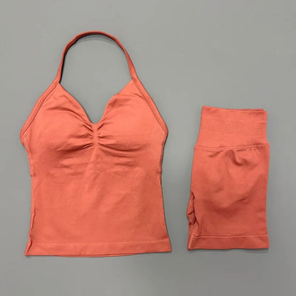 HISTELLO 2 Pieces Sports Set Women Yoga Longline Strap Top Scrunch Seamless Shorts Sport Gym Set Sportswear Workout Fitness Set
