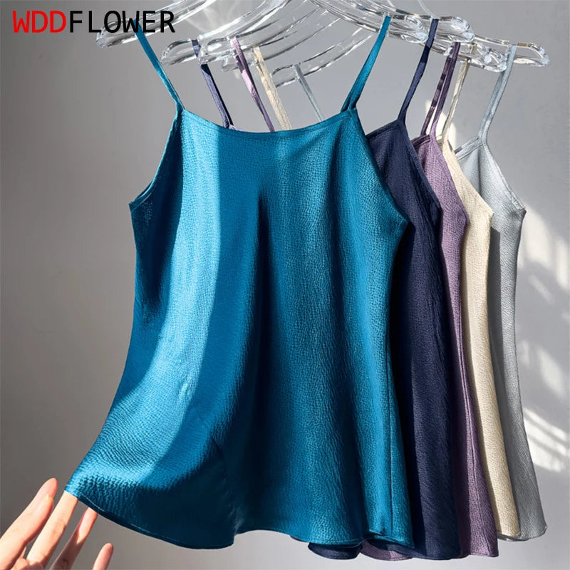Women Camisole 100% Mulberry Silk Solid Colors Pearl Silk Fashion Spaghetti Straps Top Shirt Summer Beach M1548
