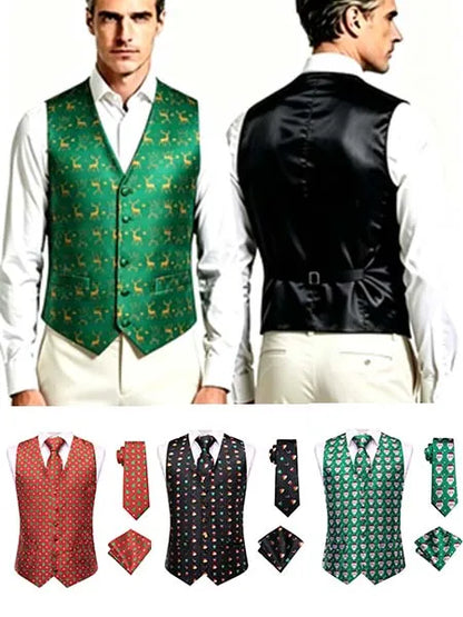 Men's Christmas Print Vest 3-Piece Set: Vest, Tie, Pocket Square, Red Blue Green Yellow for Holiday Parties