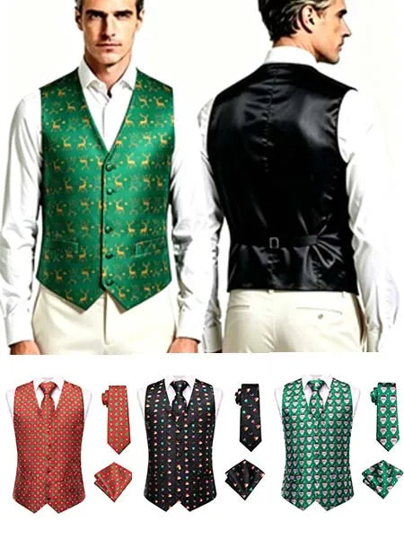 Men's Christmas Print Vest 3-Piece Set: Vest, Tie, Pocket Square, Red Blue Green Yellow for Holiday Parties