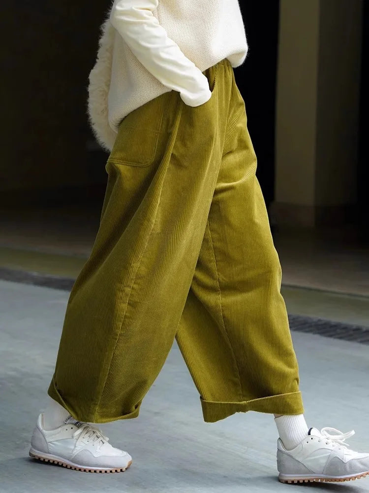 High-End Japanese Style Corduroy Women's plus Size Loose Thickened Stripe Velvet Banana Pants Scythe Pants Autumn Winter