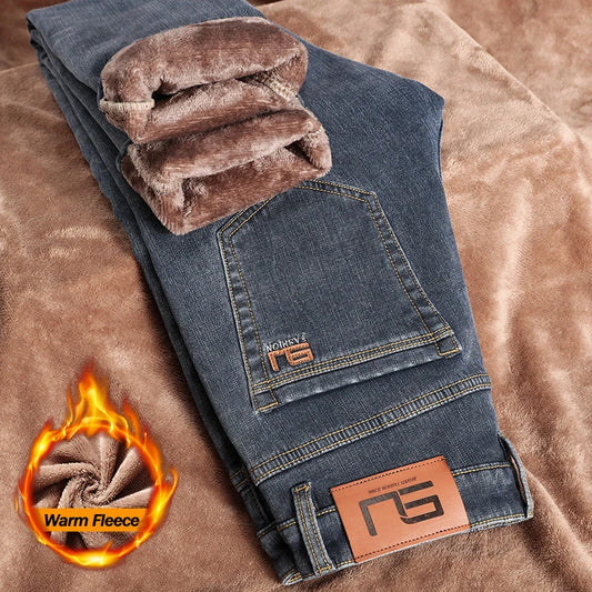 Winter Thickened Fleece Jeans Men's High Quality Slim Straight Elastic Casual Denim Pants Warm Plush Velvet Fashion Trousers