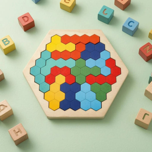 Interlocking Hexagon Puzzle Hands-on Hexagonal Wooden Puzzle Brain Teaser Flat Blister Pack for Children