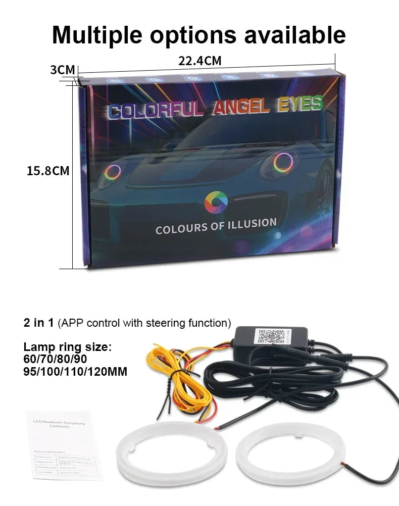2PCS RGB Cotton LED Angel Eyes Halo Ring 60/70/80/90/95/100/110/120mm LED Headlight Lamp For Car Motorcycle DRL Eyes APP Control