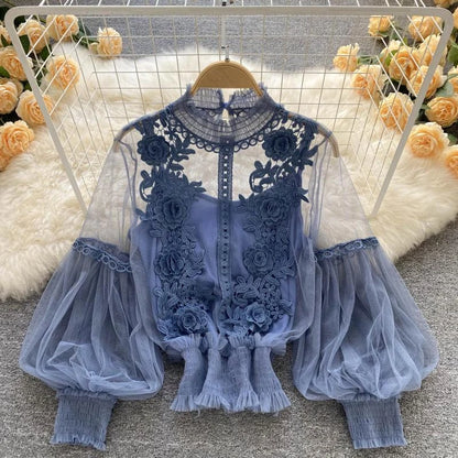 Summer Elegant Lace Blouses Korean Style Women's Clothing Casual Long Sleeve Tops Blusas Feminina Elegante Estilosa Y338