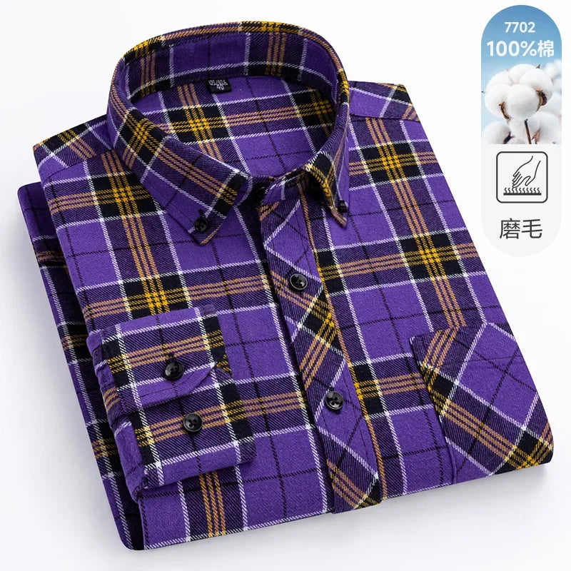 New Flannel Plaid Long Sleeve Men Casual Shirts Autumn Winter Fashion Plus Size Regular Fit Smart Dress Shirts Daily Clothes Top