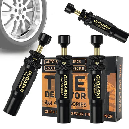 (10-30 PSI) 4 PCS Adjustable Auto-Stop Tire Deflator Valve Kit 4x4 Screw-on Tyre Air Down Tool for Vehicles Motorcycle Offroad