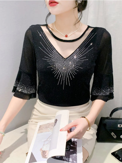 Sexy Hollow out Mesh Seven Quarter Sleeve Fashion Trend Summer T-Shirt Women Slimming Versatile Top Half Sleeve Small Shirt