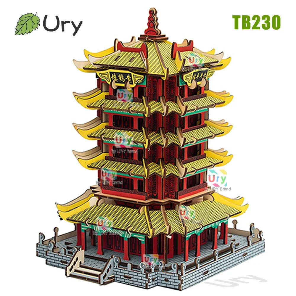 Ury 3D Wooden House Colorful Chinese Traditional Puzzle Building DIY Model Game Assembly Desktop Toy Gift for Adult