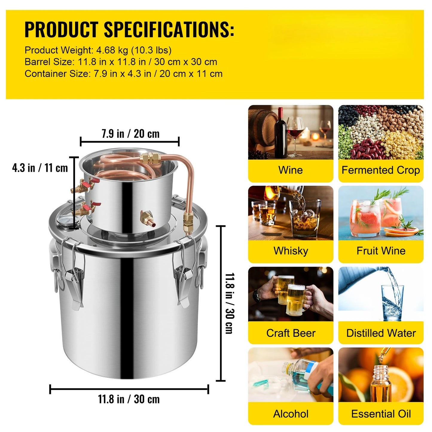3 5 8 13 Gal Distiller Alambic Moonshine Alcohol Still Stainless Copper DIY Home Brew Water Wine Essential Oil Brewing Kit