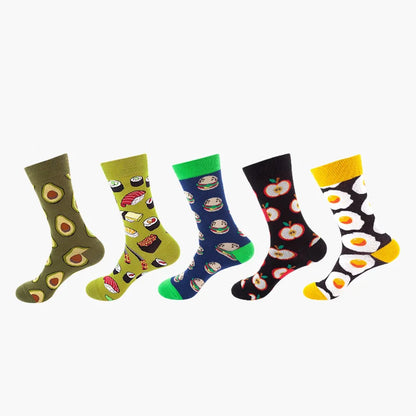 5 Pairs Fruit Print Socks Mid-Calf Funny Food Design Pineapple Watermelon Cotton Socks for Men Women Couple EU 37-45 US 6-12