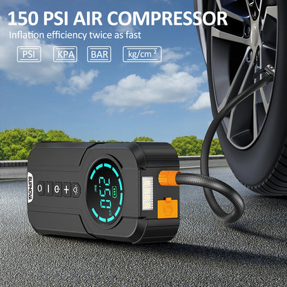 Car Jump Starter with Air Compressor Peak  Auto Battery Booster 150PSI Air Pump Portable Power Bank Tire Inflator Lighting
