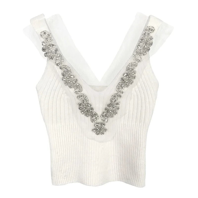 Korean Dongdaemun Rhinestone Knit Crop Top Sexy Slim Fit Versatile Solid Color Camisole Fashion Short V-neck Knitted Tank Tops