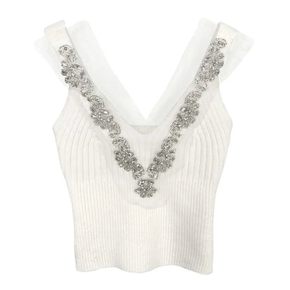 Korean Dongdaemun Rhinestone Knit Crop Top Sexy Slim Fit Versatile Solid Color Camisole Fashion Short V-neck Knitted Tank Tops