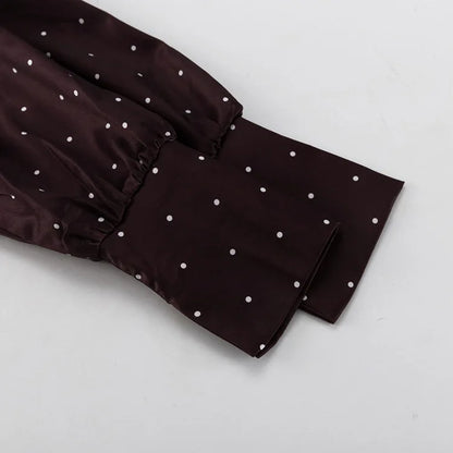 Two Piece Skirt Set Printed Polka Dot Satin Skirt Set Women's Long Sleeved Lace Up Shirt+high WAIST Midi Skirt Set