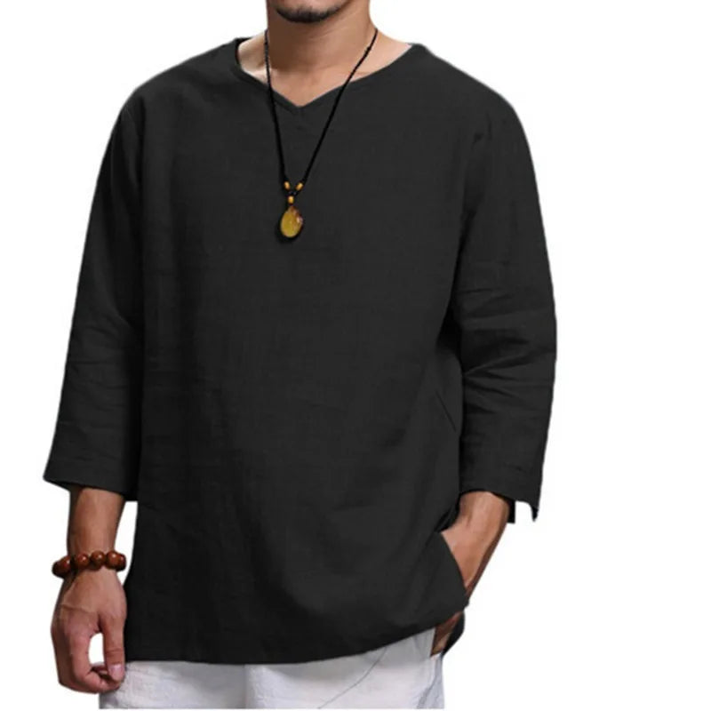 Men's Long Sleeve Loose Shirts Summer Solid Color Casual Shirt High Quality Plus Size V-Neck Shirt Male Clothing 2026