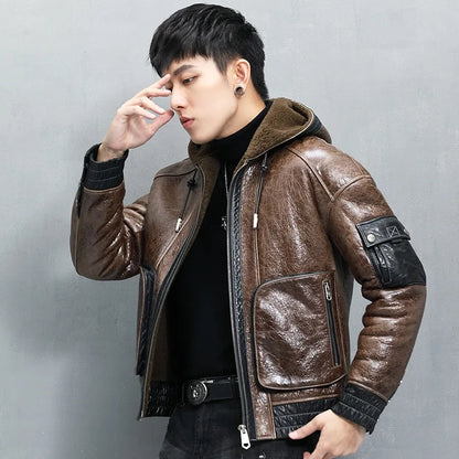 YOLANFAIRY Genuine Sheepskin Fur Coat Man with Hood Luxury Winter Mens Genuine Leather Jacket Motorcycle Short Natural Fur Coats