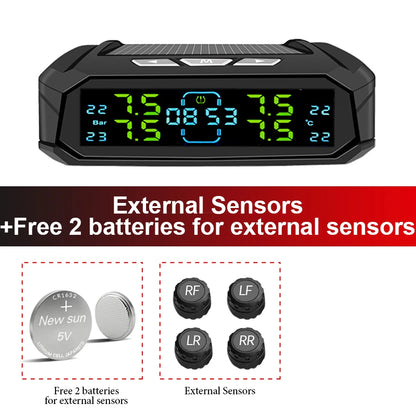 E-ACE Solar TPMS Car Tire Pressure Monitoring System Digital Clock Wireless Alarm Sensor 0-116psi Auto Safety for Cars Trucks