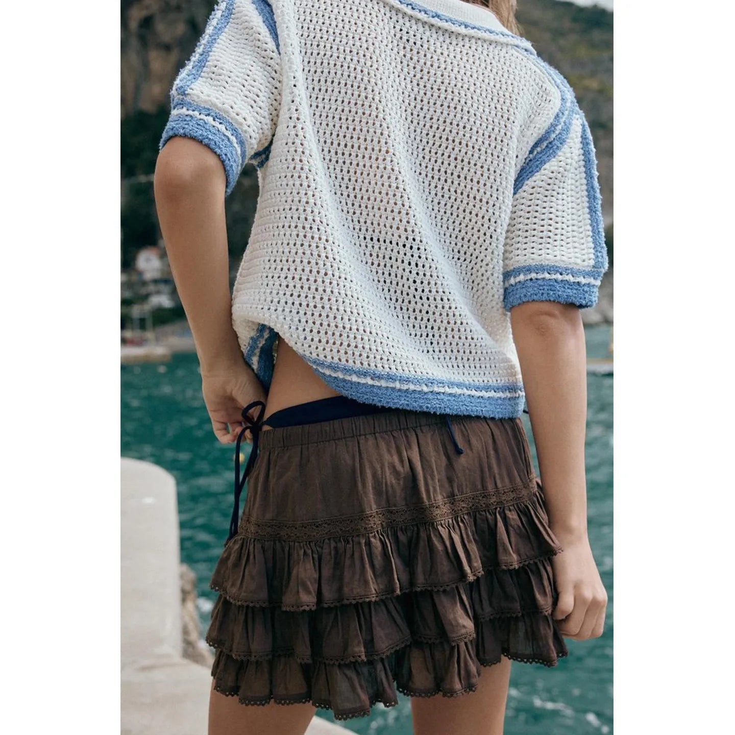 New Summer Women's Loose Fit  Knitwear Short Sleeve High Collar Chest Pocket Design Hollow out Casual Fashion Top