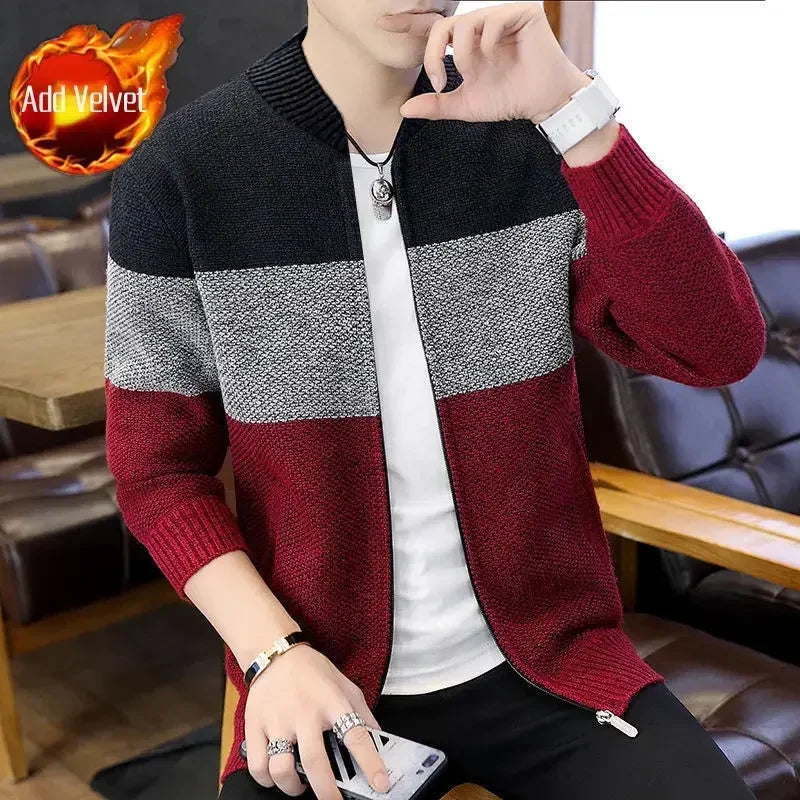 Knit Sweater Male Zipper Plaid Men's Clothing Cardigan Hoodies Zip-up Thick Winter Red Tops Jumpers Casual Stylish Hot Cheap A