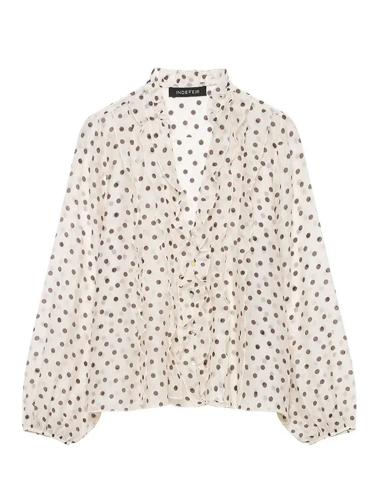 HH Women Elegant Fashion Polka Dot Ruffled Blouse V Neck Long Sleeve Shirt Summer Translucent Thin Tops High Street Chic Shirts