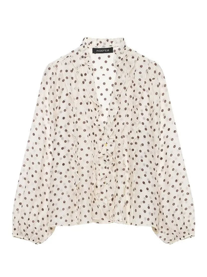 HH Women Elegant Fashion Polka Dot Ruffled Blouse V Neck Long Sleeve Shirt Summer Translucent Thin Tops High Street Chic Shirts