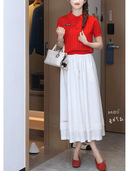 Red  Neck Knitted T-Shirt Women's Summer Style Short Sleeve White Color Loose Fit Casual Wear Polyester Blend Creative Pa...