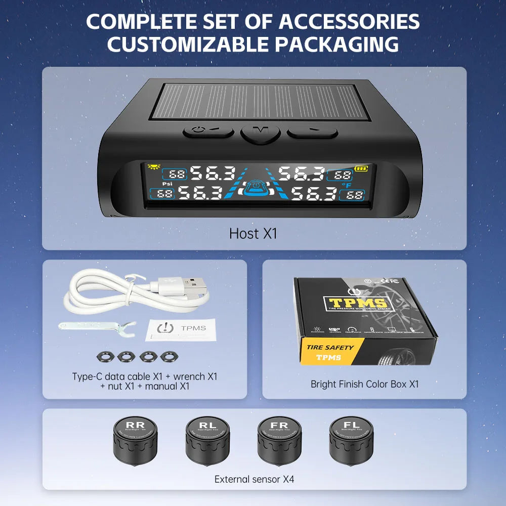 Car Security Alarm Systems Tire Pressure Monitoring Auto Accessories 4 Exteral Universal Solar TPMS Tyre Temperature Monitor