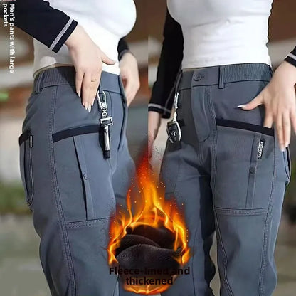 Men's Workwear Pants Elastic Waist Multi-Pocket Straight Leg Autumn Winter Durable Polyester Fiber Casual Trousers
