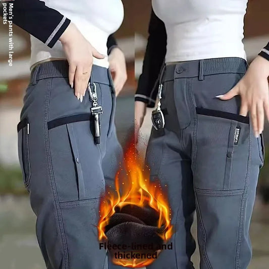 Men's Workwear Pants Elastic Waist Multi-Pocket Straight Leg Autumn Winter Durable Polyester Fiber Casual Trousers