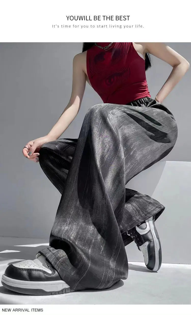 Summer Thin Ice Silk Satin Dyed Wide Leg Pants Women Loose Casual Drape High Waist Slimming Pants Ins Straight Leg Elastic Wa...
