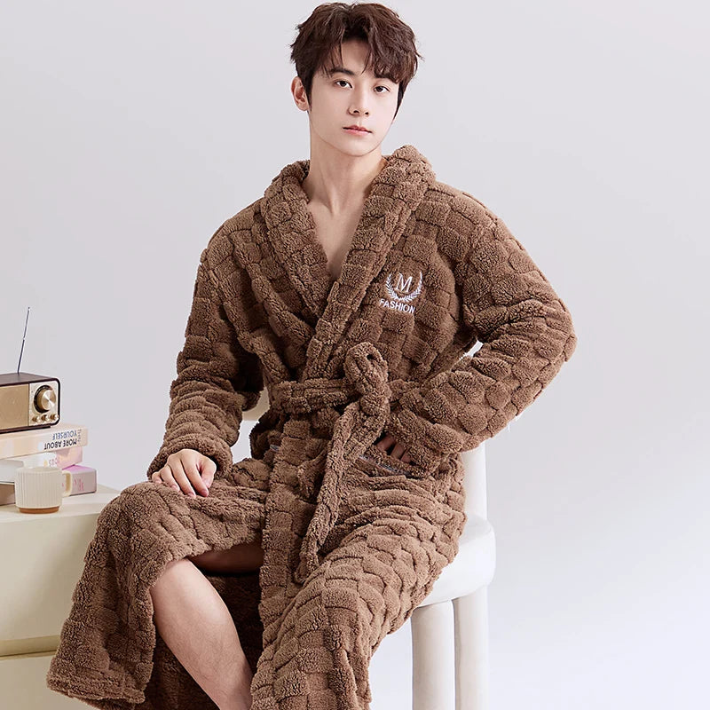 Thiened Coral Fce Robe Long Plu Spwear for Couples Autumn Winter Sle Home Clothes Outerwear Polyester Fiber