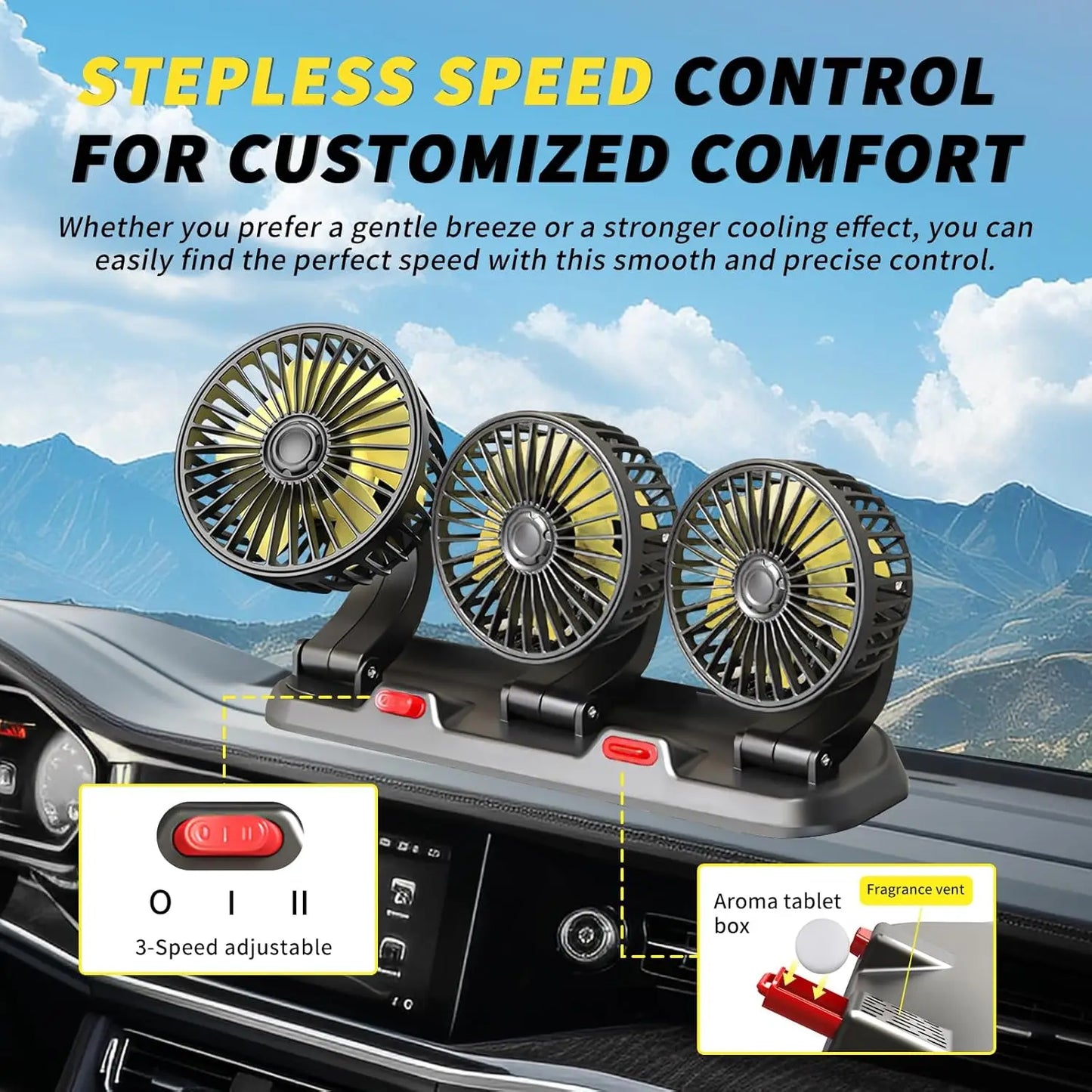 Car Fan 360° Adjustable 3 Head Air Fan Automotive Electric Fan USB/12V/24V Fan 2 Speeds Car Silent Fan For Home Desk Office&Car