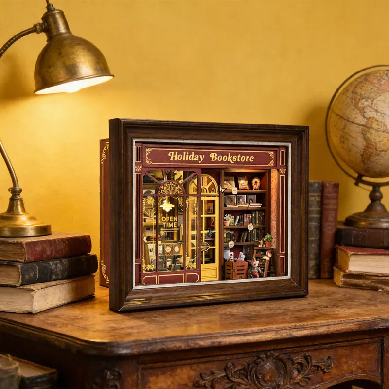 Book Nook Kit Holiday Bookstore DIY 3D Wooden Puzzle Dollhouse Photo frame ornament Model Bookend Building Home Decoration