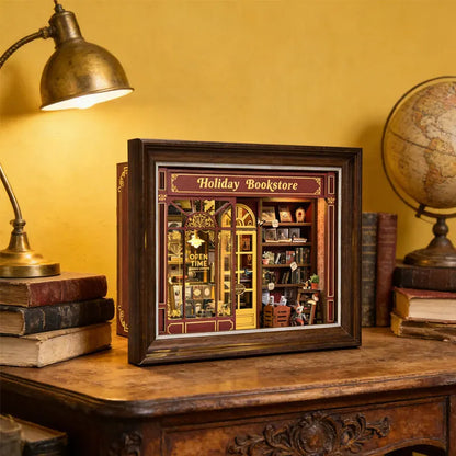 Book Nook Kit Holiday Bookstore DIY 3D Wooden Puzzle Dollhouse Photo frame ornament Model Bookend Building Home Decoration