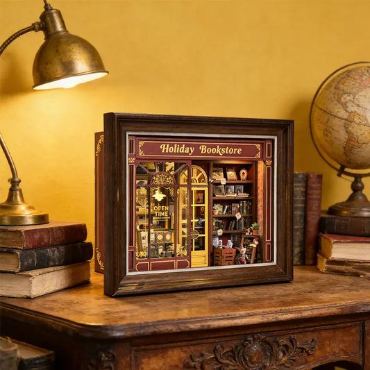 Book Nook Kit Holiday Bookstore DIY 3D Wooden Puzzle Dollhouse Photo frame ornament Model Bookend Building Home Decoration