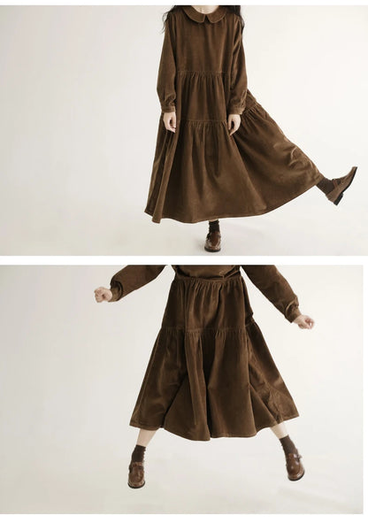 Japanese Style Long Sleeve Corduroy A-Line Dress Loose Slimming Simple Design Women's plus Size Dress Daily Wear Long Dress