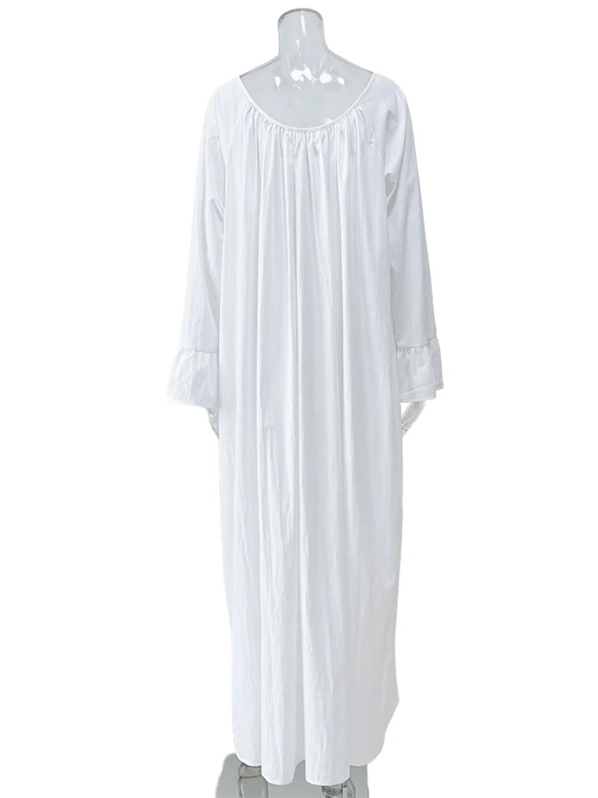Parc Fee Casual Loose White Women Dress 2025 Elegant U-Neck Long Sleeve Floor-Length Dresses Simple Oversize Solid Female Dress