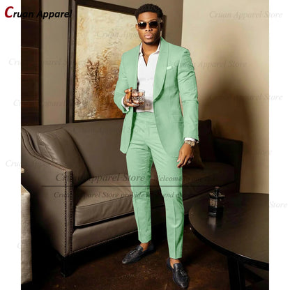 Blue Shawl Lapel Suit Male 2 Pieces Tailored Groom Wedding Suits Tuxedo Best Man Blazer Pants Trendy Fashion Marriage Costume