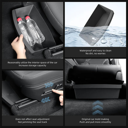 Under Seat Storage Box For Tesla Model Y Juniper 2025 Center Console Organizer Bins Front Backseat Bag Trash Tray Accessories