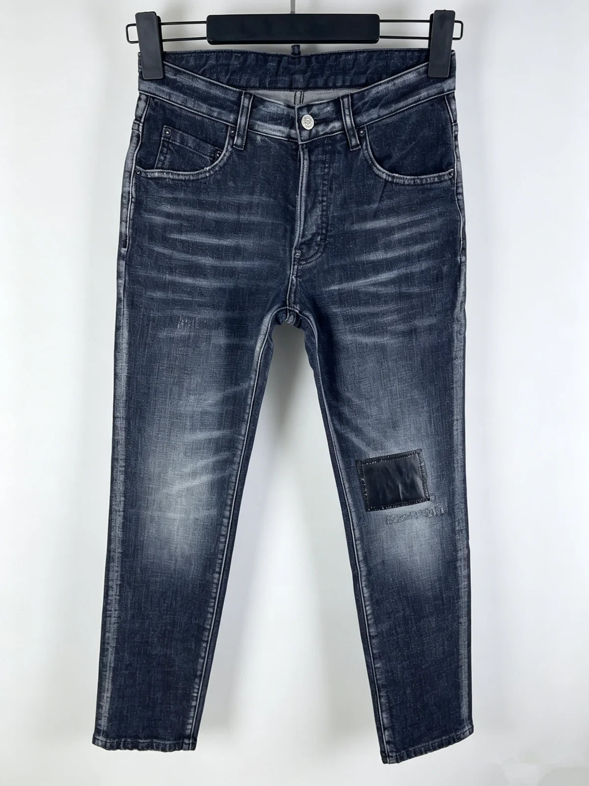 6029 Four Seasons New Men's Washed Ripped Patch Old Slim Fit Feet Black Jeans for Men
