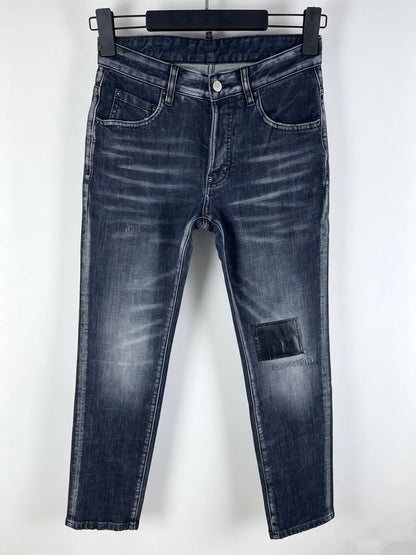 6029 Four Seasons New Men's Washed Ripped Patch Old Slim Fit Feet Black Jeans for Men