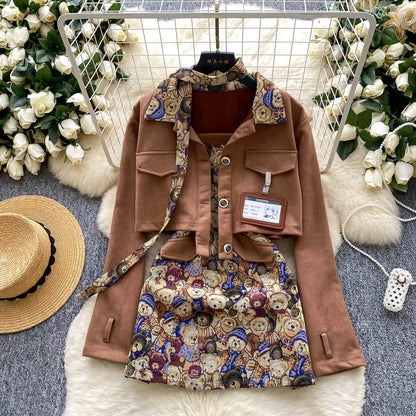 Ele Bear Embroidery Blouse And Skirt Set Women's Faionable ort Svel Suit Jaet High Waist Casual Workwear