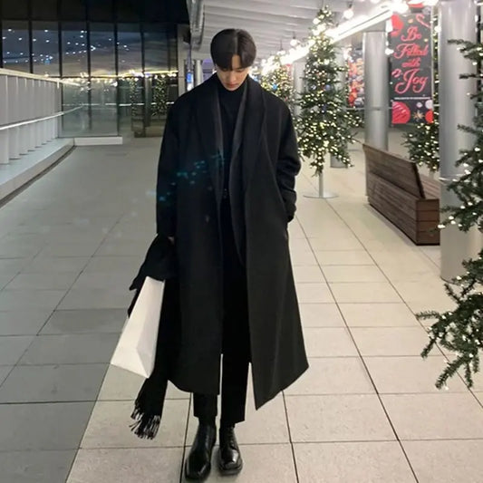 Lapel Men's Long Woolen Coat, Korean Midi-length Trench Coats, Solid Color Classsic Mans Winter Jacket