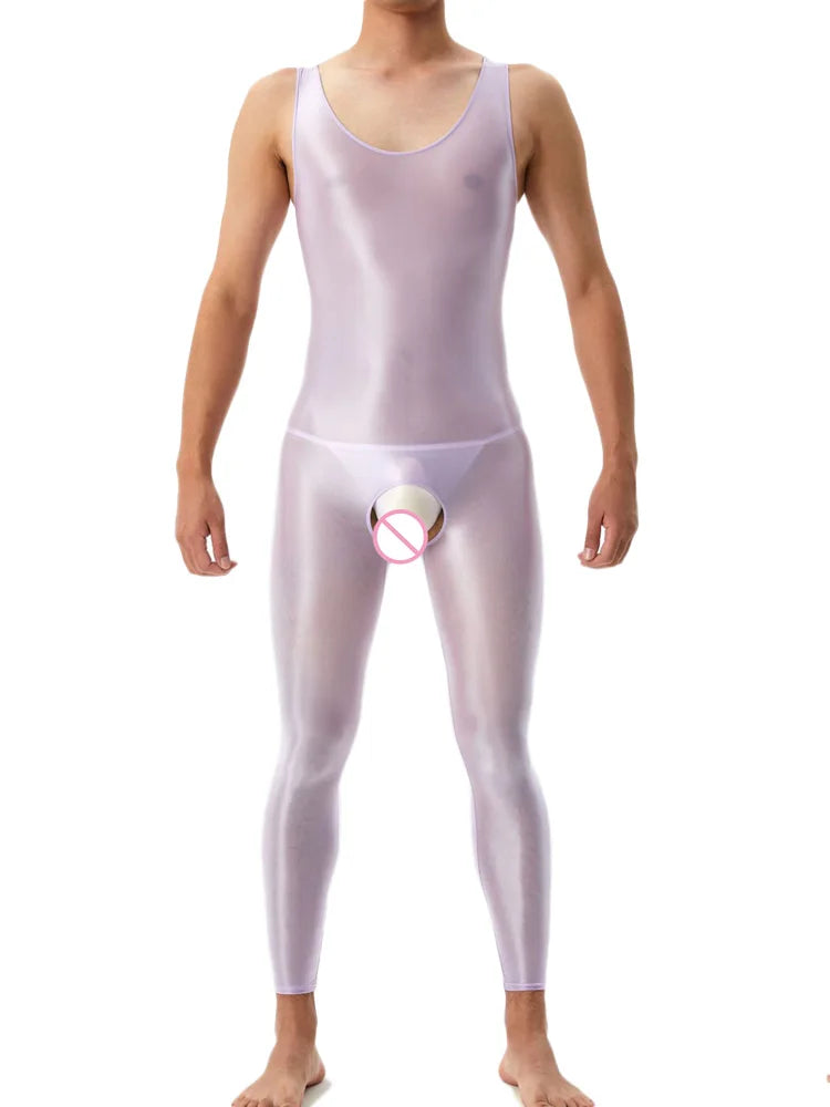 Sexy Crotchless Satin Oil Glossy Shiny Bodysuit Sheer See Through Yoga Tights Elastic Shaping Leotard Jumpsuit Candy Color
