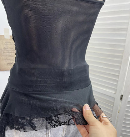 ISAROSE Summer Y2K Camisole for Women Casual Spaghetti Straps Double Layers Lace Stretch Mesh Patchwork Asymmetrical Slim Tops