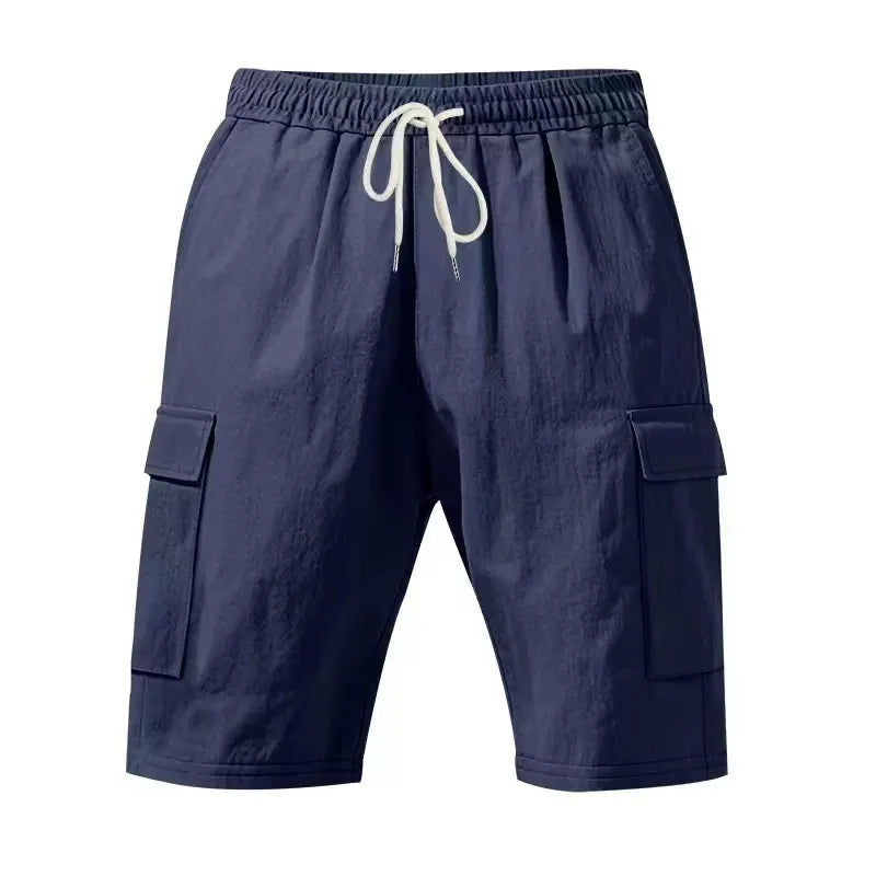 2026 New Summer Casual Cotton and Linen Pocket Solid-Color Shorts, Men's Lace-Up Fashionable and Comfortable Beach Cargo Pants