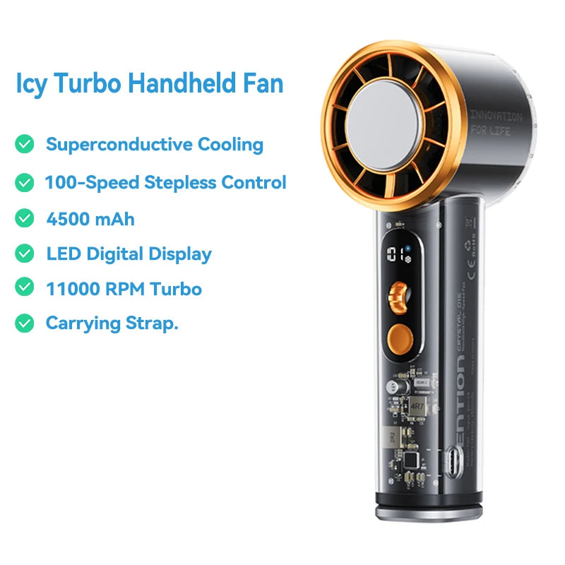 Vention Turbo Handheld Fan Superconductive Cooling Portable Outdoor Camping 11000 RPM Speed Stepless LED Digital Display Fan