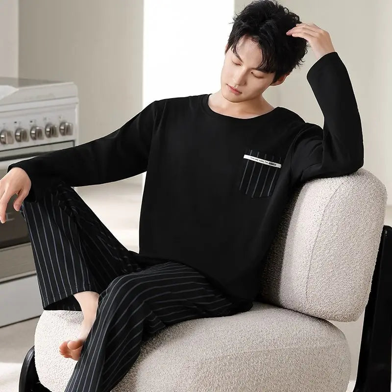 2024 Autumn Long Sleeve 100% Cotton Pajamas Sets for Men Korean Loose High Quality Sleepwear Pyjamas Male Homewear Home Clothes
